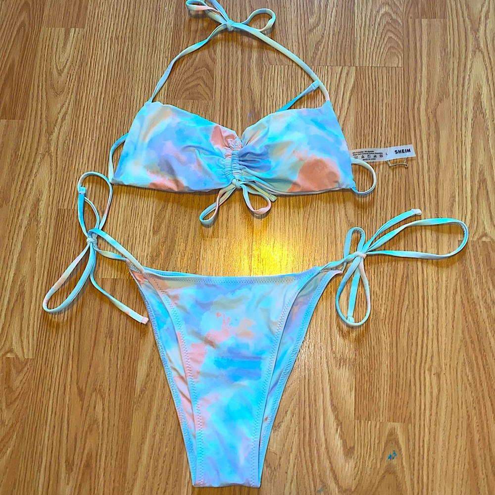 Tie Dye Drawstring Front Bikini